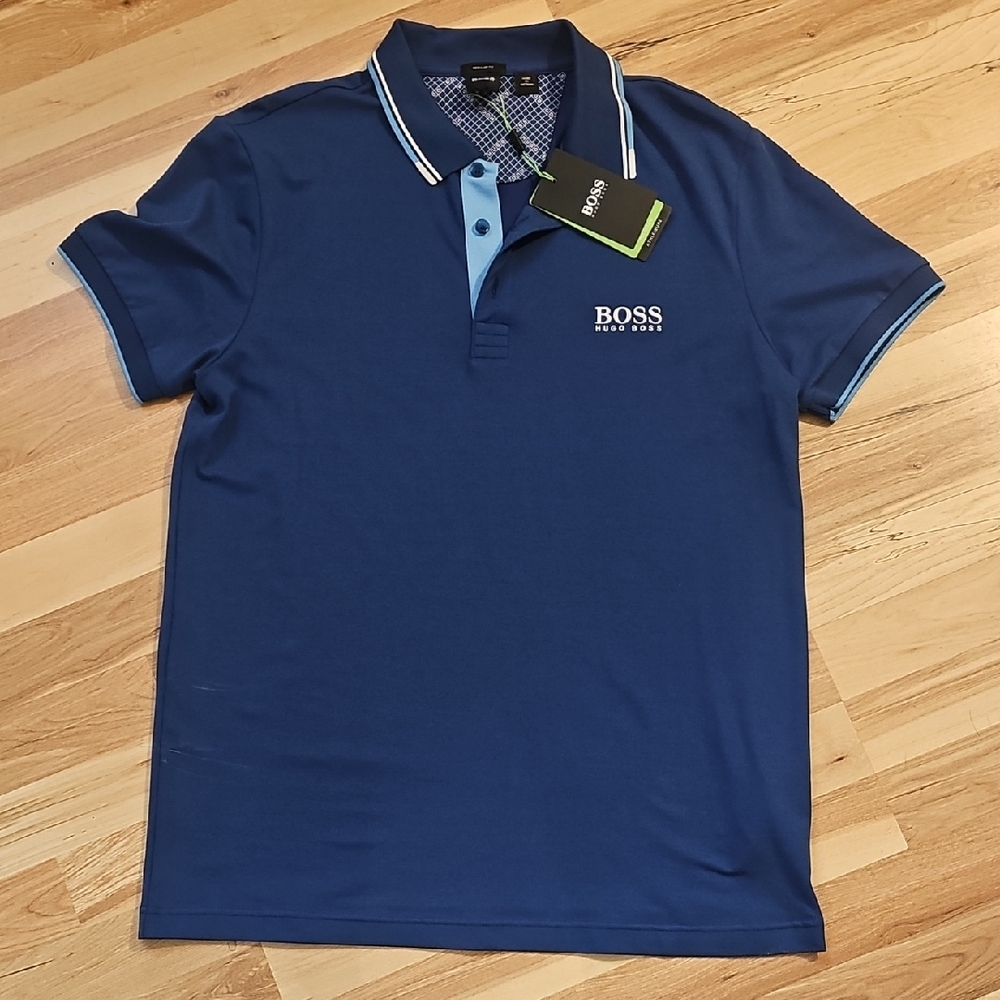 Boss Men's Navy Polo Shirt with Light Blue Accents